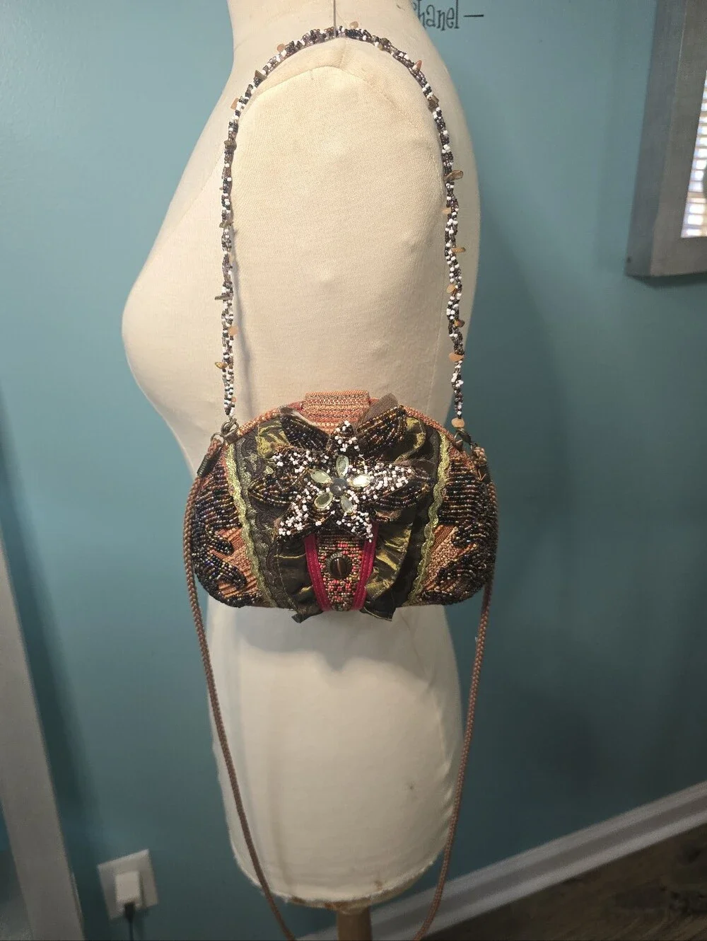 Embellished Beaded Multi Earth-Toned Crossbody Bag